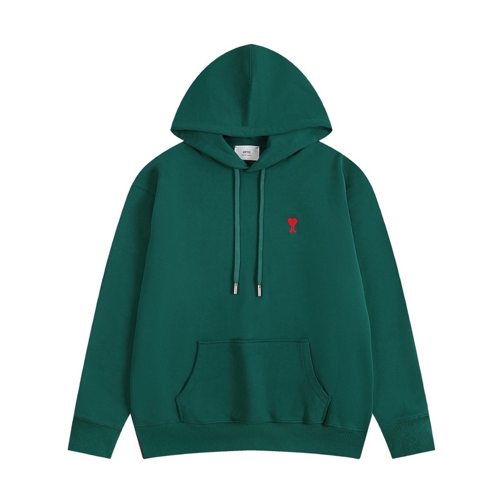 Ami Forest Green Hoodie with Red Accent